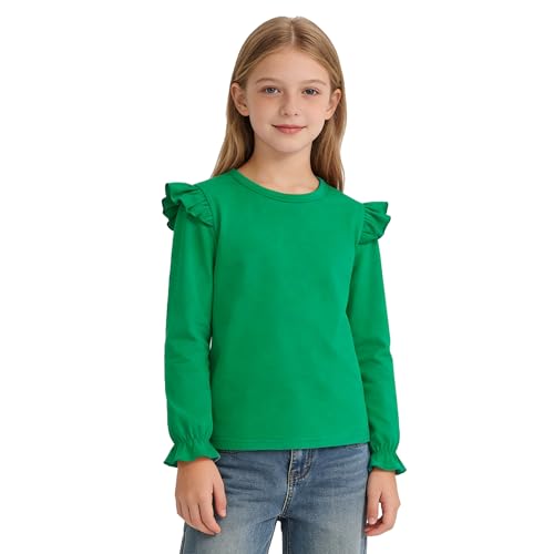 Image of LYSMuch 7-14Y Girls Ruffle Long Sleeve Shirt Kids Crewneck Basic Blouse Casual Tee