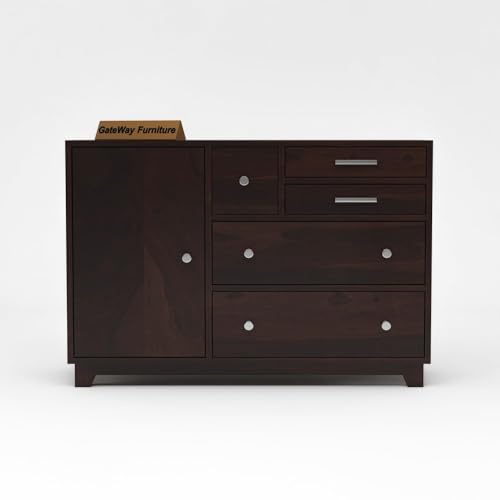 Image of GateWay Furniture Sheesham Wooden Chest of Drawers Wooden Sideboard Storage Cabinet for Living Room - 1 Door & 4 Drawers | Buffet Cabinet Kitchen Storage Chest of Drawer for Bedroom (Nathan Walnut1)