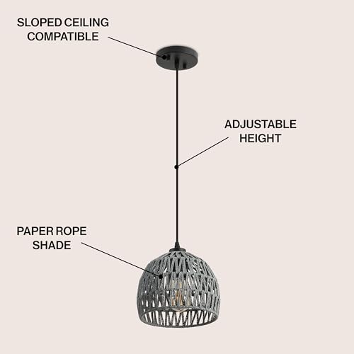 Image of JONATHAN Y 8.25 inch Gray Modern Bohemian Woven Rope LED Pendant Light Fixture, Adjustable Dome Ceiling Lamp for Kitchen Island, Rope Shade, Coastal Farmhouse Decor (JYL6512D)