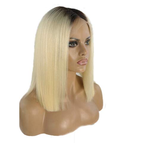 1B/613 Blonde bob wig PrePlucked Hairline Ombre 613 Blonde Brazilian Human Hair Lace Front Wig for Black Women Glueless Middle Part Short Cut Style Bob Straight 13x4 Frontal Bleached Knots Wig 8"