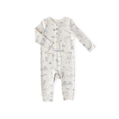 PEHR Henley Patch Pocket Romper, Rush Hour | 100% Organic Cotton, Baby Boy Romper with Brass Snap Closures and Front Pockets