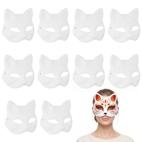 10 Pcs Masque Chat et Renard pour Therian - Masques en Papier Blanc à Peindre et Décorer - DIY Peinture pour Cosplay Halloween Noël Mardi Gras Party