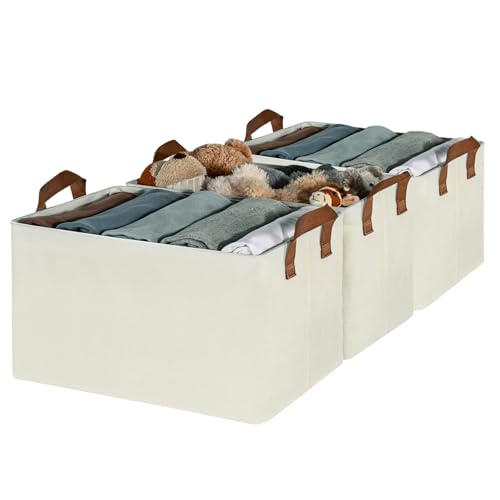 Image of DALUCI Foldable Cloth Organizer for Wardrobe - Fabric Storage Box with Metal Frame & Handles - Collapsible & Foldable Storage Box and Organiser for Clothes, Sarees, Towels - (Beige, Pack of 3)