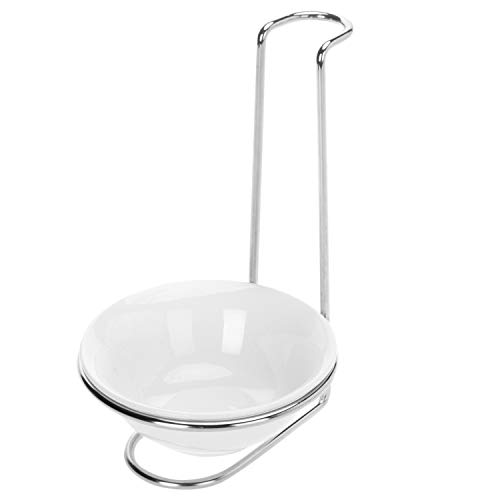 MyGift White Ceramic Single Ladle Spoon Rest Holder with Stainless Steel Rack