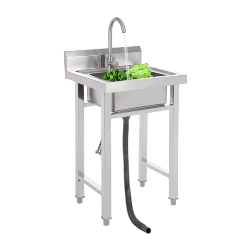 Lavello autoportante, in acciaio inox commerciale, lavabo singolo con rubinetto, per esterni, garage, ristoranti, cucina, lavanderia, 50 x 50 x 93 cm
