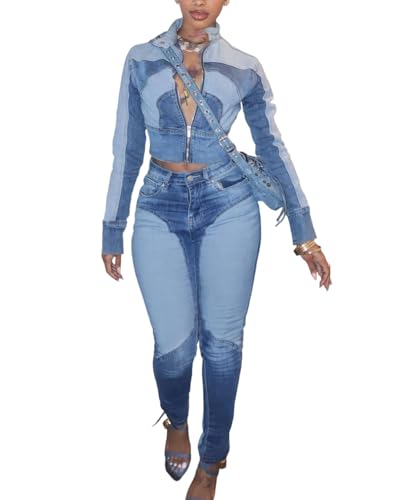 Voghtic Denim Outfits For Women 2 Piece Sets - Cropped