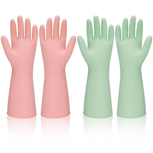 BSRBZJ Guantes de goma para lavar platos, 2 pares de guantes reutilizables para limpieza del hogar, flexibles, duraderos y antideslizantes, ideales para cocina, baño, lavandería (mediano, rosa + verde