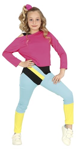 FIESTAS GUIRCA Disfraz de Gimnasta Años 90 Niña - Atuendo Infantil Años 80 con Camiseta Rosa y Mono Multicolor para Niñas de 7-9 Años