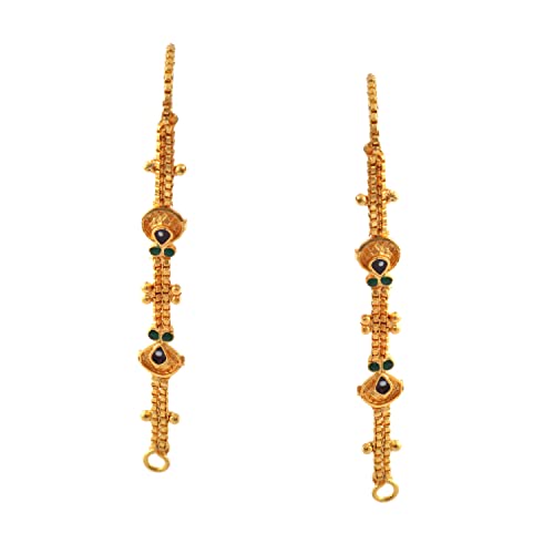 Jewar Mandi Earrings Kan Chain Gold Tone Handmade Meena Work & Box Design Gold Plated Kanoti Ear to Hair Accessory Ear Thread for Women & Girls