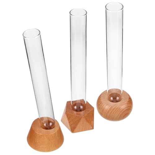LALAFINA 3個 水耕栽培対応クリア試験管花瓶 木製スタンド付き リビングルーム オフィス 書斎用植物ホルダー 観葉植物育成容器 インテリア卓