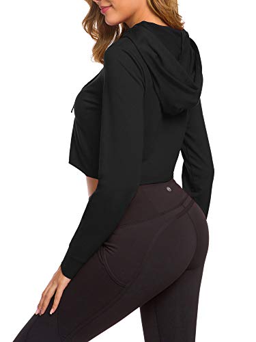 DIRASS Women's Black Hoodie Crop Top,Long Sleeve Sweatshirt with Hoodies Pullover (Black,S)