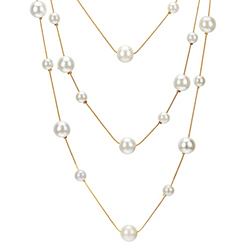 Coolsteelandbeyond FPCC-F5P60 Gold White Statement Necklace Three-Strand Long Chains With Synthetic Pearl Beads thumb #1