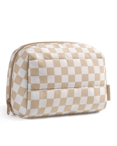 Image of BAGSMART Makeup Bag Travel Bag, Wide-open Zipper Pouch, Khaki Checkered | Puffy makeup bag, wide opening. Compact yet holds 20+ cosmetics. Interior pockets for brushes & lipsticks. Water-resistant.