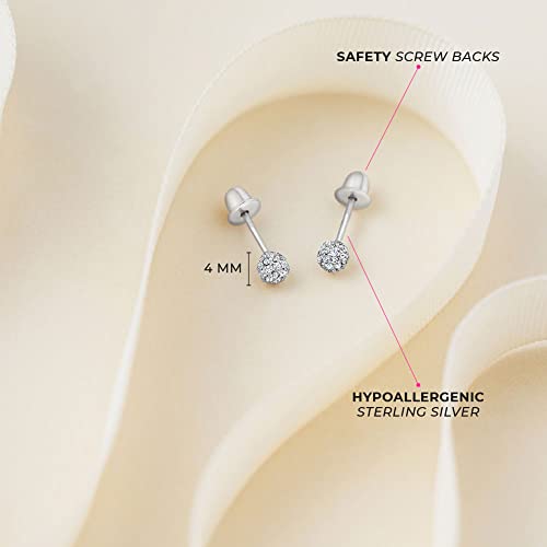 925 Sterling Silver 4mm Cubic Zirconia Burst Screw Back Earrings Stud for Toddlers & Girls - Sparkling Fireball CZ Earrings for Little Girls - Quality Sterling Silver for Sensitive Ears4