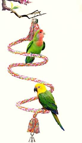 SunGrow Rope Perch for Parrots, 59 Inches Metre Long, Bungee Bird Toy, Brightly Colored Handmade Chew Toy, Spiral Design with Jingling Bell