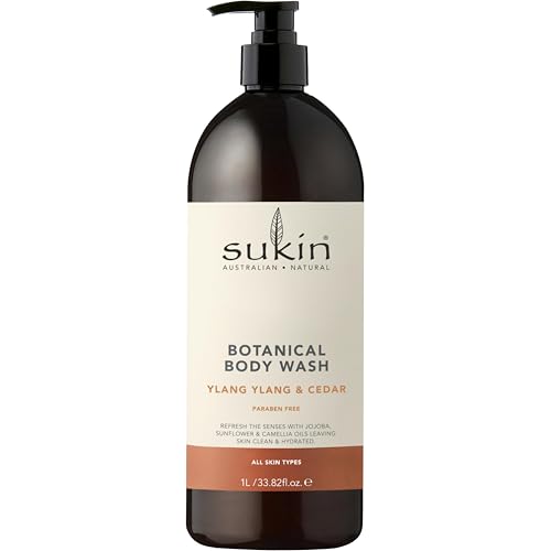 Sukin Ylang Ylang & Cedar Body Wash 1L, Natural Soap-Free Cleanser with Aloe Vera & Jojoba Oil, Hydrating Formula, Australian Made & Owned, Vegan, Cruelty-Free