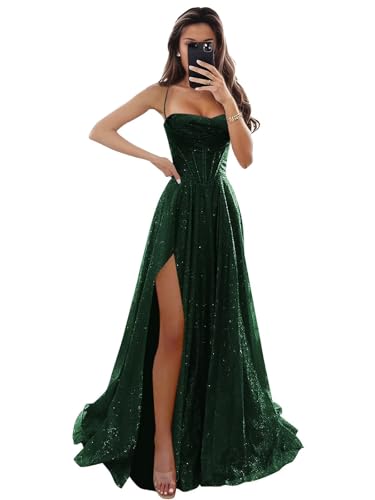 LANGKAAO Prom Dress for Women 2025 Long Spaghetti Straps Sparkly Glitter Formal Dresses Evening Gowns with Slit Emerald Green Size 8