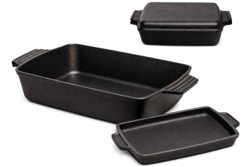 9x15 Casserole Dish-Cast Iron Dutch Oven Roaster with Skillet Lid-2-in-1 Pre-Seasoned Rectangular Baking Pan+Skillet Lid (6 QT)
