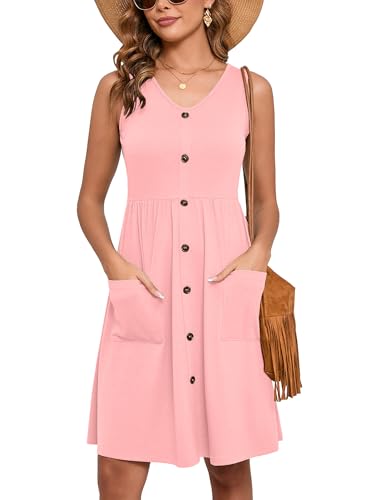 Image of Heymoments Women's Summer Dresses Sleeveless Casual Fashion Loose Swing Button Down Beach Dress with Pockets