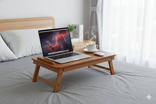 Image of Foldable Wooden Laptop Table for Bed & Sofa | Adjustable Laptop Desk with Tilt Top Cup Slot Drawer | Ergonomic Study Work Table for Home Office Reading Writing Use