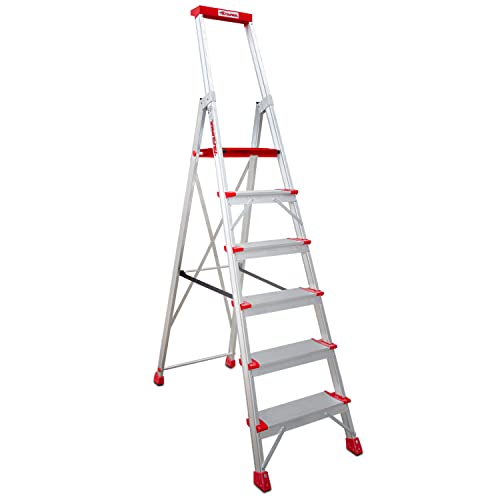 Faraone - Escalera de Aluminio EN946-6 peldaños - Escalera de Tijera Profesional - 211x51x15 cm - con Bandeja Portaobjetos y Barandilla - Peso soportado de hasta 150 kg