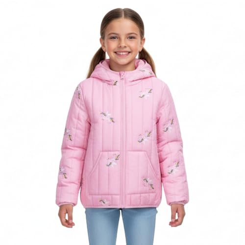 WELAKEN Lightweight Heart Quilted Cotton Puffer Jacket for Girls & Kids Zip Up Hooded Coat with Kangaroo Pocket