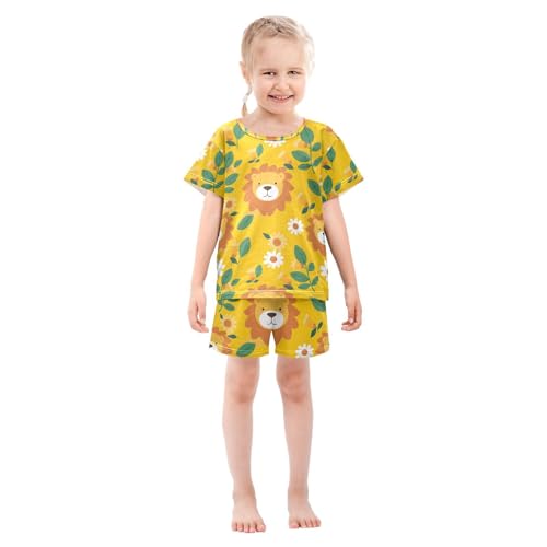 ALAZA Cute Lion Blossom Yellow Pajamas Set Short Sleeve Cotton Sleepwear Summer Pjs 2 Piece 5-14Y3