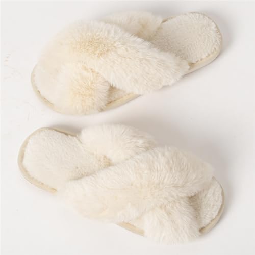 Image of Women's Cross Band Fuzzy Slippers Fluffy Open Toe House Slippers