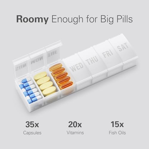 Image of Barhon Pill Organizer Large, Weekly Medicine Pill Organizers, 7 Day Pills Box Case Travel for Big Vitamin Supplements Fish Oil, White