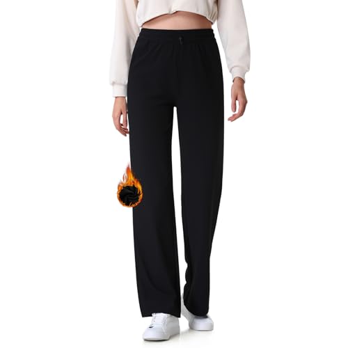 Women Straight Leg Pants Fleece Lined Ribbed Pants Work Casual Trousers with Pockets