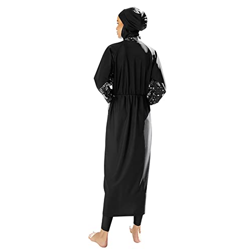 Muslimische Bademode Badeanzug Full Cover Bescheidene Badebekleidung Modest Muslim Swimwear Beachwear Burkini Langarm Tops und Hose mit Hijab 3-Teilige Modest Bademode Sets Schwarz03 L