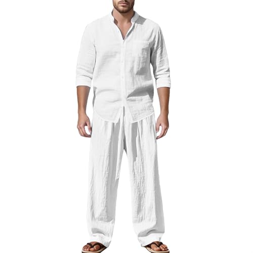 Vhersily 2 Pezzi Tuta Uomo Set completo Estivo in Lino, Camicia e Pantaloni con Elastico in Vita, a Maniche Lunghe, in Tinta Unita, Traspirante Casual, per Spiaggia Vacanza, per il Tempo Libero