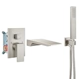 Airuida Wall Mount Tub Faucet with Waterfall Tub Spout Wall Mounted Bathtub Faucet with Handheld Shower Single Handle Tub Filler Shower Faucet Set with Rough-in valve Straight Spout Brushed Nickel