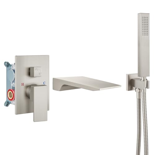 Grifo para bañera Airuida con caño de cascada y ducha manual - Níquel cepillado, monomando, válvula de instalación incluida, montaje en pared miniatura 1
