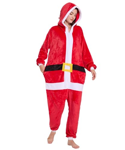 Solvienne Adult Santa Claus Onesie Zip Up Flannel Christmas Pajamas with Pockets for Men and Women Holiday Party Costume Loungewear