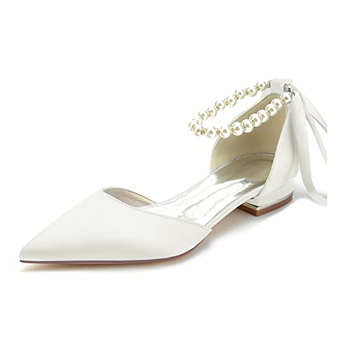 GGBLCS Knöchelriemen Hochzeit Ballerinas Damen Geschlossene Zehe Satin Perlen Flache Brautschuhe Brautjungfer Schuhe 18448-46SD,Elfenbein,41 EU Cover