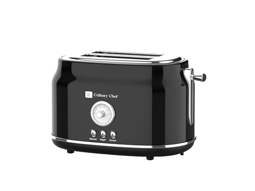 CULINARY CHEF, 2 Slice Toaster, Retro Style, Wide Slot for Bread, English Muffins, Croissants, and Bagels, 5 Adjustable Toast Settings, Cancel and Defrost, 900w, Black