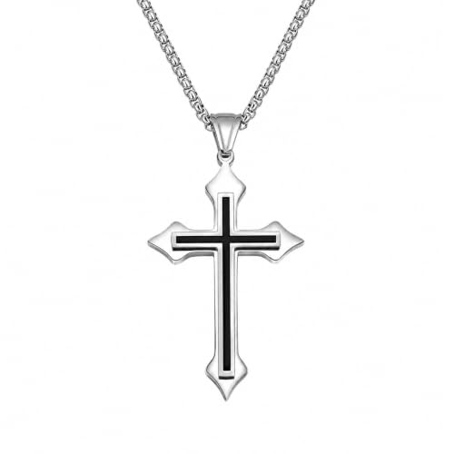 Image of M Men Style Religious Lord Jesus Christain Christ Cross Black and Silver Stainless Steel Pendant Necklace Chain for Men and Women SujalPn20221097