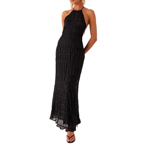 Image of Argeousgor Women Halter Neck Backless Summer Dresses 2025 Sleeveless Tiered Ruffle A-Line Flowy Cocktail Party Maxi Dress