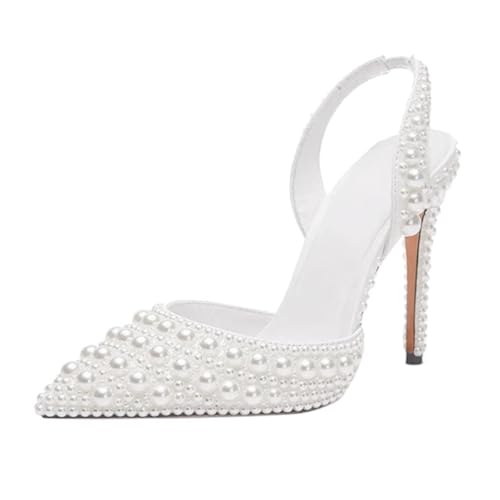 Goolita Pearl Slingback Heels for Women, Pointed Closed Toe Slip On Heeled Sandals Stiletto Heel Evening Bridal Shoes for Wedding