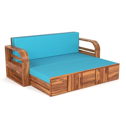 Image of Mamta Furniture Sheesham Wood Sofa Cum Bed with Storage for Living Room Bedroom | Wooden Diwan Sofa Set with Cushions and Blue Mattress Support | Honey Finish