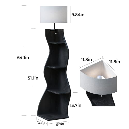 Image of Evermagin 4 Tier Corner Shelf with Light, 64'' Tall Corner Bookshelf with Unique Shape, Stylish Wavy Bookcase Tower with Storage Organizer for Small Space, Living Room, Bedroom (Black)