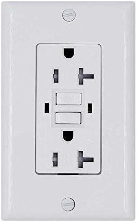 ESD Tech 20 Amp GFCI Wall Outlet Receptacle – White, Self-Test Tamper Resistant Decorator Duplex with LED Indicator Light. UL Listed. Reset Button. 125V. Includes Wall Plate