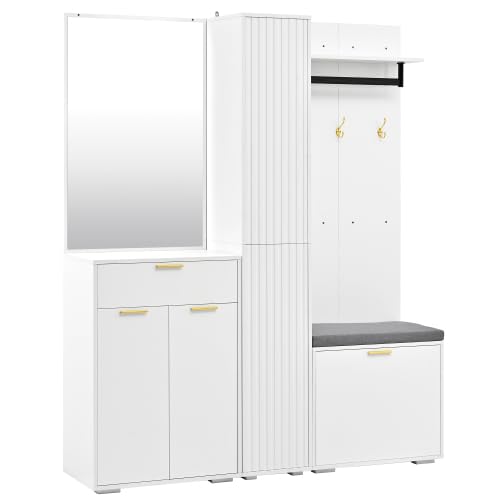 Garderobenset mit Spiegel, Kleiderstange & Sitzbank, Kompaktgarderobe mit 3 Türen, Kippfach-Schuhregal & Schublade, Weiß, 150x36x180 cm für Diele, Flur, Eingangsbereich