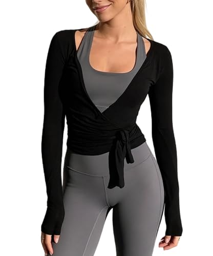 Womens Ballet Wrap Top Long Sleeve Tie Front Workout Cover Up Pilates Yoga Tops Y2k Fairy Coquette Shirt Going Out (Black Slim Fit, S)