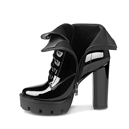 Wetkiss Platform Boots For Women, Black Platform Boots Chunky Heel Boots For Women Heeled Combat Boots Womens Black Boots For Women Ankle Booties Patent Leather Boots High Heel Boots Glossy Boots #TOP6