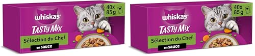 WHISKAS Repas pour Chat - 40 Sachets Fraîcheur - Tasty Mix Sélection du Chef (4 variétés) - Pâtée pour Chat Adulte en Sauce – Nourriture Humide Complète & Equilibrée (Lot de 2)