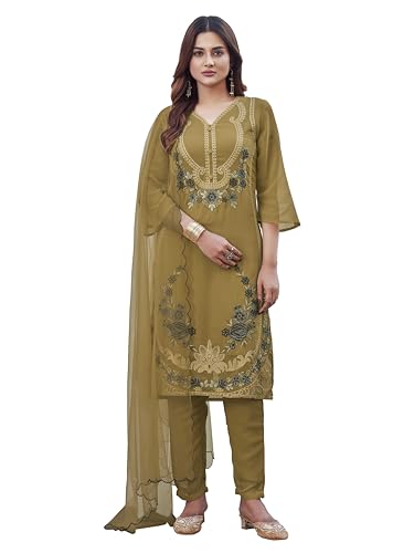 Womanista Women's Georgette Kurta With Trouser & Dupatta (Kurtaset_1429_Yellow_M)