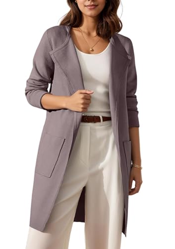 Timuspo Strickjacke Damen Lang Moden Coatigan Leichte Jacke mit Taschen Einfarbig Strickjacken Bequem Wintermantel Hellbraun S
