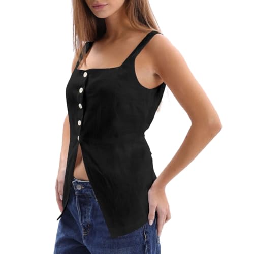 Amazhiyu Women's 100% Linen Button Up Vest Square Neck Tops Sleeveless Waistcoat3